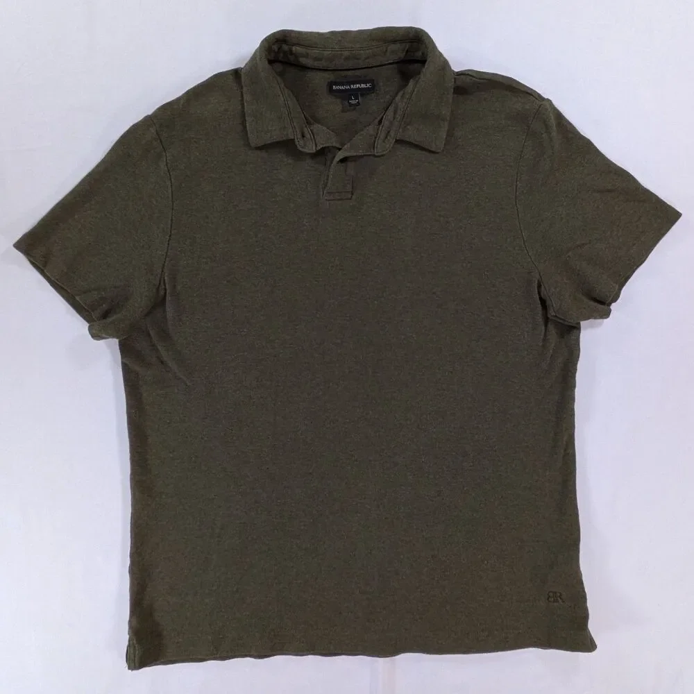 Banana Republic Men's Green L Short Sleeve Polo Shirt Solid Spread Collar Button